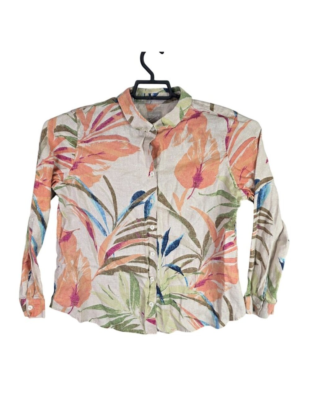 Womens Chicos Multicolor Tropical Linen Button Up Shirt Long Sleeve Beige 1P